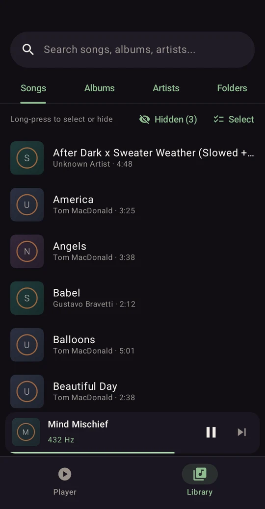 Tune432 library Songs list with search, hidden songs, album-tinted placeholder tiles and a mini player playing at the bottom