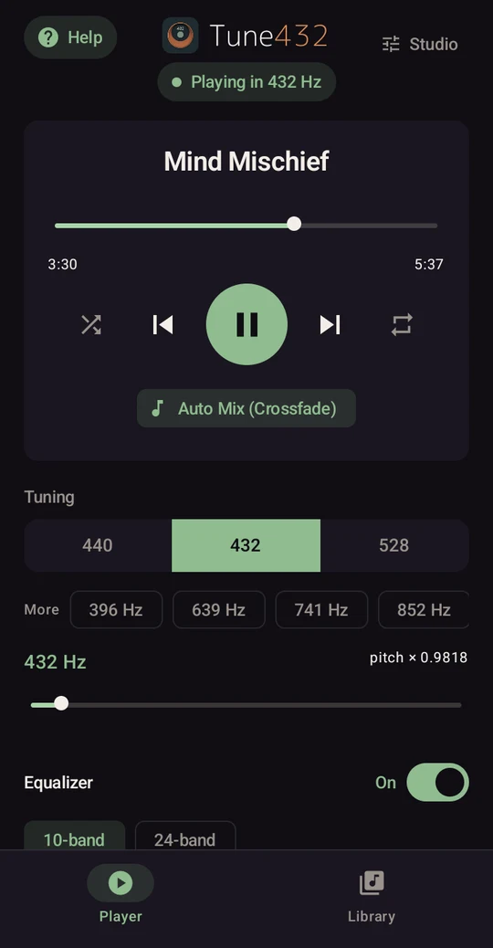 Tune432 Now Playing screen playing Mind Mischief in 432 Hz, with the Tune432 logo header, play and pause controls, Auto Mix crossfade and 440/432/528 Hz tuning buttons