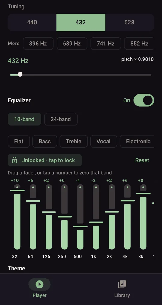 Tune432 tuning slider at 432 Hz above a 10-band equalizer with presets and Zen Dark theme options